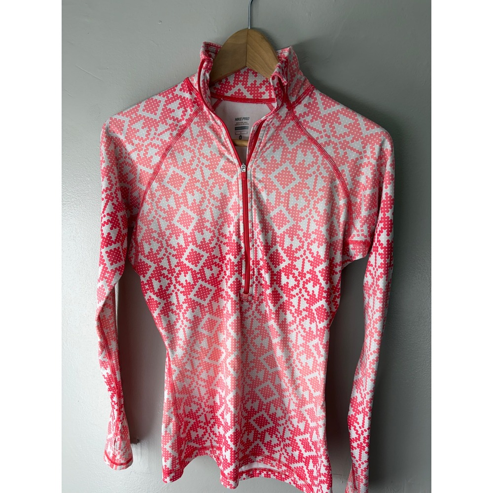 Nike Pro Hyperwarm Womens Pink Geometric Quarter Zip Long Sleeve Top Medium
